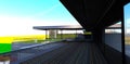 View from decked spacious terrace of the modern suburban house to the distant field with wind turbines. 3d rendering