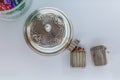 View of a decorative antique metallic objects, metal cup and metal matchbox Royalty Free Stock Photo