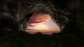 View from deep cave with grass, hole in rocky mountain, sunset. 3d render