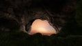 View from deep cave with grass, hole in rocky mountain, sunset. 3d render