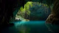 view from deep within a cave of a turquoise blue lake, neural network generated image Royalty Free Stock Photo