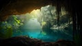 view from deep within a cave of a turquoise blue lake, neural network generated image Royalty Free Stock Photo