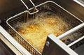 View of deep frying of spring or tornado potato chips,in oil