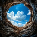 View from a deep hole in the ground to a blue sky with clouds, an unusual angle Royalty Free Stock Photo