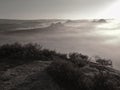 View into deep misty valley over tufts of heather. Hill peaks increased from autumn foggy countryside bellow, the fog is striped. Royalty Free Stock Photo