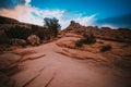 Sunrise along the Delicate Arch trail at Arches National Park. Beautiful colors in the sky Royalty Free Stock Photo