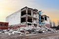 View of the demolition of a multi-storey building. Dismantling and demolition of buildings and structures. Destroy concrete Royalty Free Stock Photo