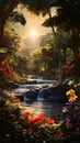 View of dense nature, nature, colorful flowers and tiny waterfalls sunset over the mountains. Flowering flowers, a symbol of