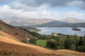 View of Derwentwater lake from the hillside at Catbells