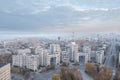 View of Derzhprom in Kharkiv. Aerial shot at autumn morning.