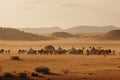 view of desert landscape, with camels and tribal tents in the distance