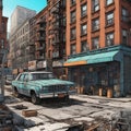 view of destroyed new york city, post apocalypse after world war or natural disaster in cartoon anime style, generative ai, ai gen