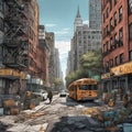 view of destroyed new york city, post apocalypse after world war or natural disaster in cartoon anime style, generative ai, ai gen