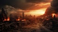 View of destruction city with fires and explosion over dramatic sky background. generative ai Royalty Free Stock Photo