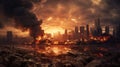 View of destruction city with fires and explosion over dramatic sky background. generative ai Royalty Free Stock Photo