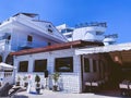 A view at a detail of a modern white apartment building in Lyon, France with blue sky Royalty Free Stock Photo