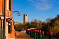 View of the Devil`s Bridge and the bell tower on the island of Torcello Royalty Free Stock Photo