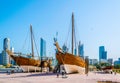 View of a dhow ship in front of the naval museum in Kuwait