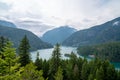 View of Diablo Lake in the North Cascades National Park in Washington State on an overcast summer day