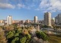 View of Diagonal Mar park, an expensive area with modern high-rise buildings. District close to the sea in Barcelona