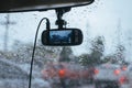 View from digital camera inside car window with rain drops on glass or the windshield,Blurred traffic on rainy day