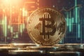 view Digital currency Gold bitcoins with candle chart, conceptual rendering