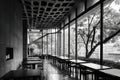 View of Dining Hall with Landscape and Interior Architecture, Black And White Royalty Free Stock Photo