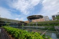 View of disc-shaped roof of Singapore Supreme Court building from terrace of the National Gallery