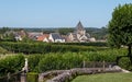 Eglise Saint Etienne church in the town of Villandy, taken from the ornamental garden at Chateau de Villandry in the Loire, France Royalty Free Stock Photo