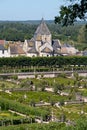 Eglise Saint Etienne church in the town of Villandy, taken from the ornamental garden at Chateau de Villandry in the Loire, France Royalty Free Stock Photo