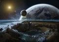 View of distant planet system from cliffs 3D rendering elements