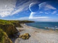 View of distant planet system from cliffs