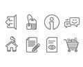 View document, Happy emotion and Article icons. Sign out, Tea bag and Shopping cart signs.