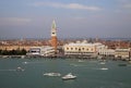 View of Doge`s Palace, Campanile on Piazza di San Marco and Grand Canal from belltower of Church of San Giorgio Maggiore, Venice,