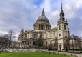 View of the dome of the famous St. Paul`s Cathedral in city center on a cloudy day in London, England Royalty Free Stock Photo