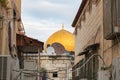 View of the  Dome of the Rock mosque from the narrow street of the Muslim quarter in the old city of Jerusalem, in Israel Royalty Free Stock Photo