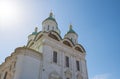 View of the domes of the Assumption Cathedral of the Astrakhan Kremlin on a cloudy autumn day. Royalty Free Stock Photo