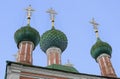 Domes and crosses of medieval Church of Alexander Nevsky in Pereslavl-Zalessky, Russia