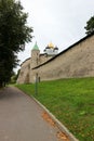 View of the domes of the Trinity Cathedral inside the Pskov Kremlin Krom walls Royalty Free Stock Photo