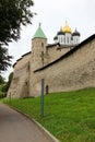 View of the domes of the Trinity Cathedral inside the Pskov Kremlin Krom walls Royalty Free Stock Photo