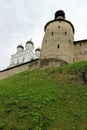 View of the domes of the Trinity Cathedral inside the Pskov Kremlin Krom walls Royalty Free Stock Photo