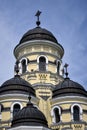 View of domes of winter church of Holy Dormition Capriansky Monastery in Moldova. Monastery was founded in 1420. Concept religion