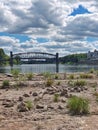 View from the Domfelsen (lit. cathedral rocks) in Magdeburg, Germany. This rock formation in the Elbe is only exposed in drought. Royalty Free Stock Photo