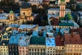 View on Dominican cathedral, Dormition church and historic center of the Lviv at sunset. View on Lvov cityscape from the town hall Royalty Free Stock Photo