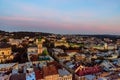 View on Dominican cathedral, Dormition church and historic center of the Lviv at sunset. View on Lvov cityscape from the town hall