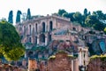 View on Domus Tiberiana palace remains ruins as a part of west edge of Palatine hill with highest panoramic viewpoint on Roman