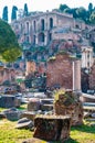View on Domus Tiberiana palace remains ruins as a part of west edge of Palatine hill with highest panoramic viewpoint on Roman
