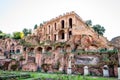 View on Domus Tiberiana palace remains ruins as a part of west edge of Palatine hill with highest panoramic viewpoint on Roman