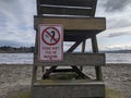 Don`t Feed Waterfowl sign on the back of a lifeguard stand at Juanita Beach Park Royalty Free Stock Photo