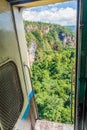 View from a door of a train crossing Gokteik (Gok Teik) viaduct on the railway line Mandalay - Hsipaw, Myanm Royalty Free Stock Photo